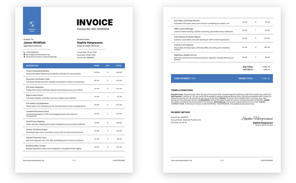 Two-page invoice PDF generated from the Papermill invoice template, with logo, itemised line items, and payment details