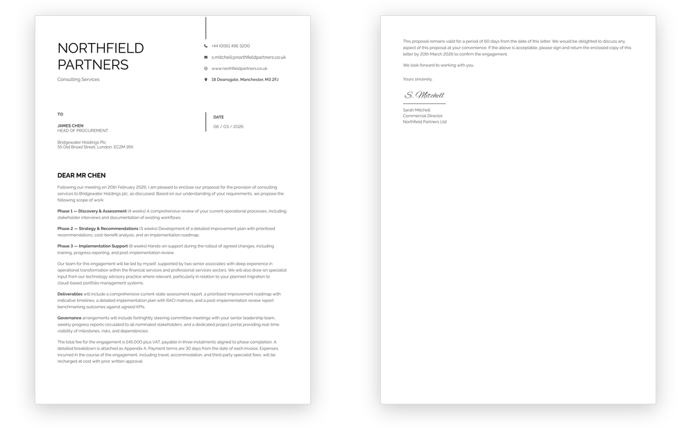 Two-page business letter PDF created from the Papermill modern letter template, with address blocks and a cursive signature